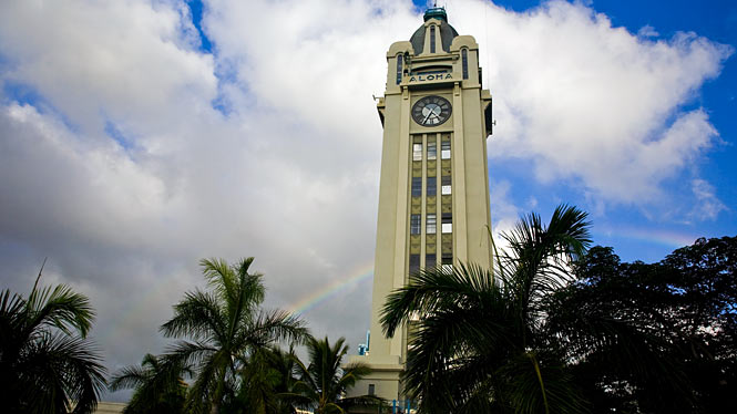 Aloha Tower with rainbow
